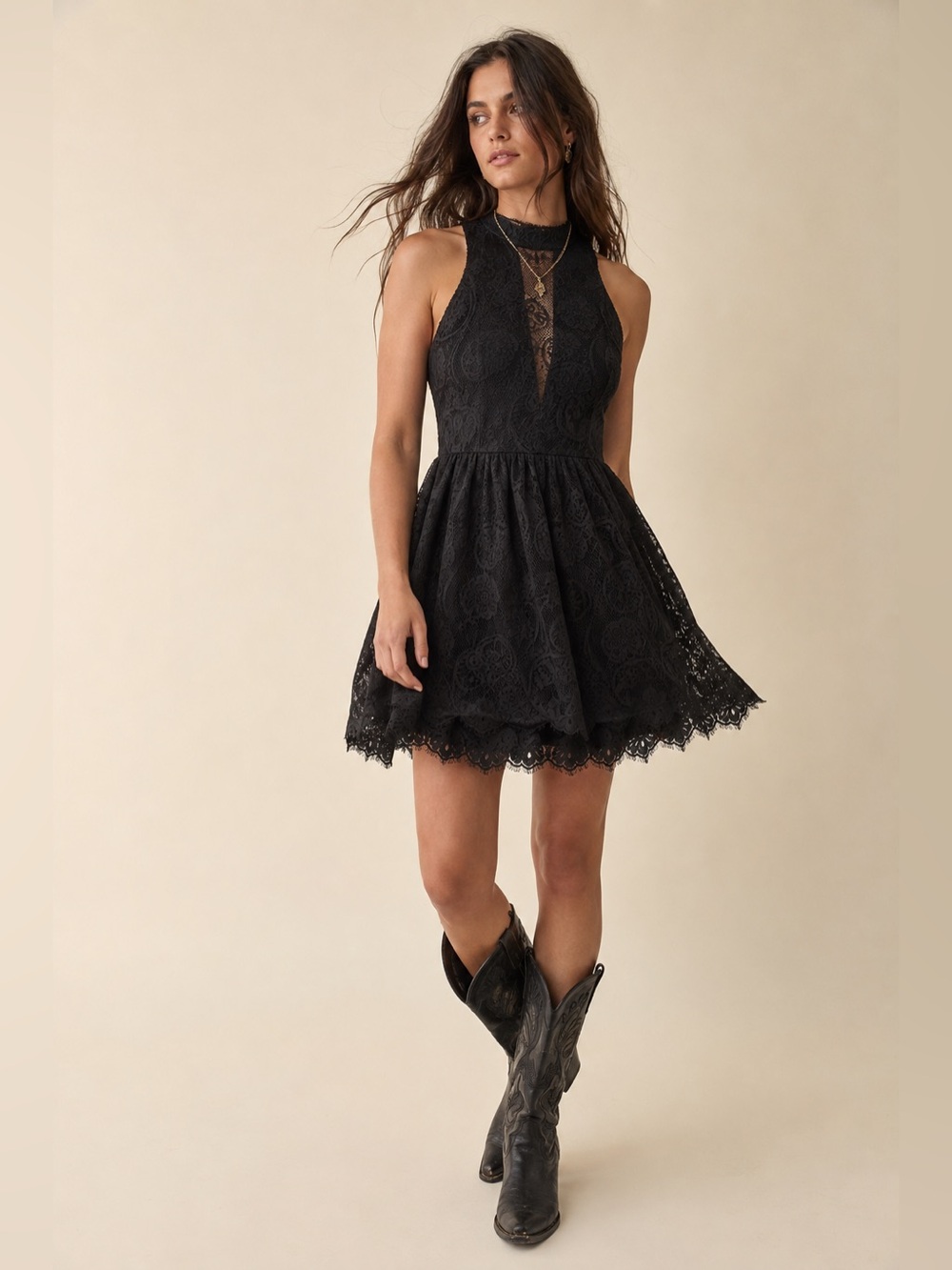 Free People Verushka Black Lace High Neck Mini Dress